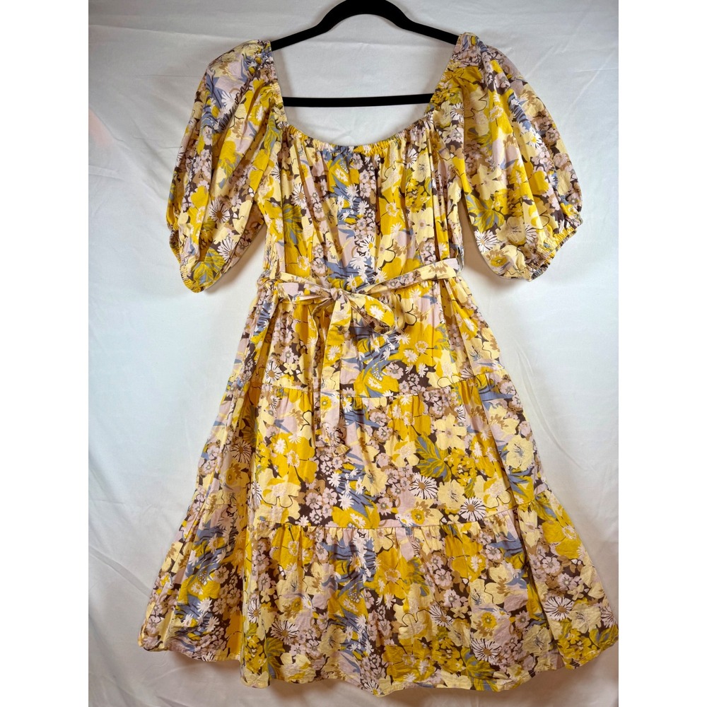 Sim & Sam Yellow Floral Cotton Tiered‎ Mini Dress Puff Sleeve Belted Womens XL